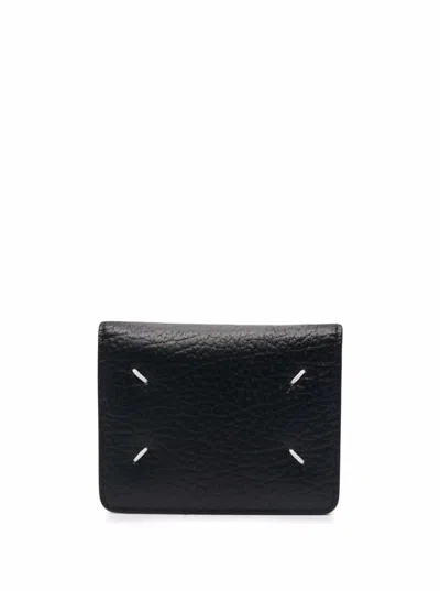 Maison Margiela Black Bifold Wallet With Stitching Detail And Key Ring In Grained Leather Woman