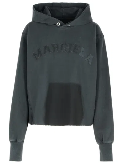 Maison Margiela Embroidered Logo Jersey Cropped Hoodie In Black