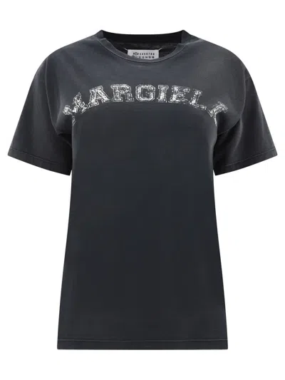 Maison Margiela Black Crewneck T-shirt With Logo Lettering Print In Cotton Woman In White