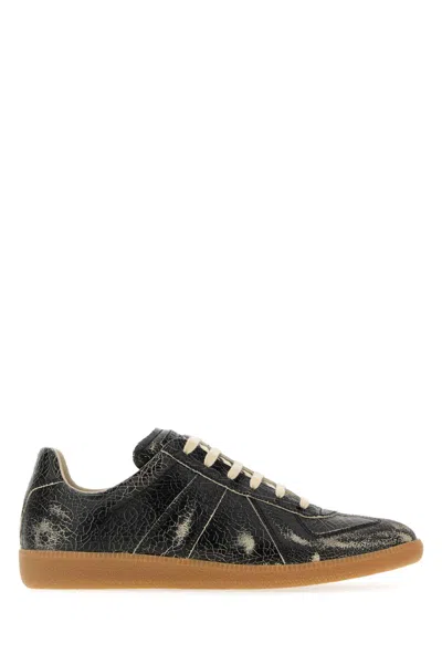 Maison Margiela Replica Distressed Cracked-leather Sneakers In Black