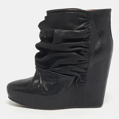 Pre-owned Maison Margiela Black Leather Ruched Wedge Ankle Length Boots Size 40