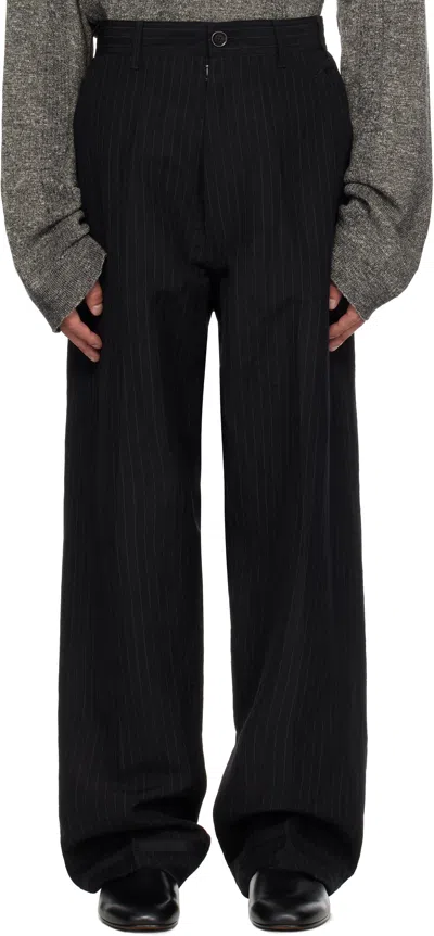 MAISON MARGIELA BLACK PINSTRIPE LINEN & WOOL TROUSERS
