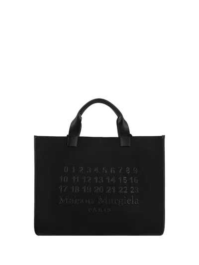 Maison Margiela Black Shopper Bag With Logo Applied On The Front In Cotton And Fabric Blend Woman