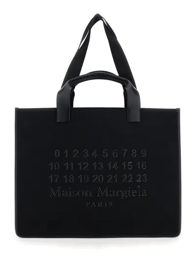 Maison Margiela Black Shopper Bag With Logo Applied On The Front In Cotton And Fabric Blend Woman In Multicolor