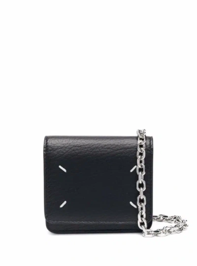 Maison Margiela Black Wallet With Silver-tone Chain And Stitching Detail In Leather