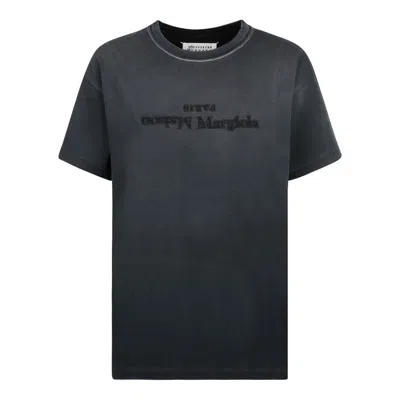 Maison Margiela Black Washedout Cotton Tshirt With Reverse Logo In Blue