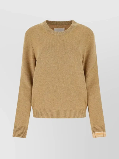 Maison Margiela Blend Knit Crew-neck Sweater With Contrasting Stitching In Cream