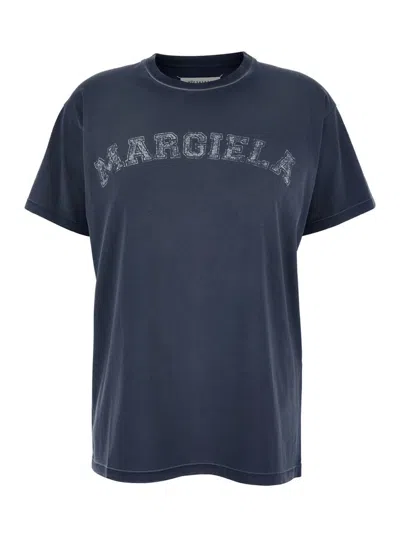 MAISON MARGIELA BLUE CREWNECK T-SHIRT WITH LOGO LETTERING PRINT IN COTTON WOMAN