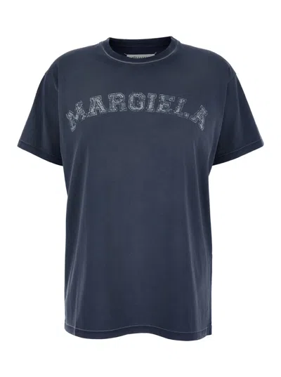 MAISON MARGIELA MAISON MARGIELA WOMEN BLUE CREWNECK T-SHIRT WITH LOGO LETTERING PRINT IN COTTON WOMAN