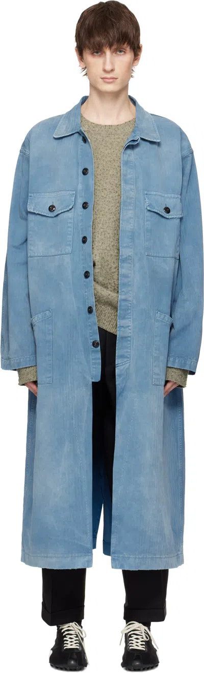 Maison Margiela Blue Herringbone Denim Coat In 961 Blue