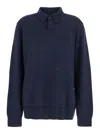 Maison Margiela Blue Polo Shirt With Classic Collar And Suede Patch On The Back In Wool Woman In Blue