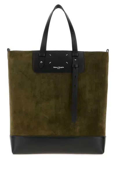Maison Margiela Bottle Green Suede Vertical Shopping Bag In Brown