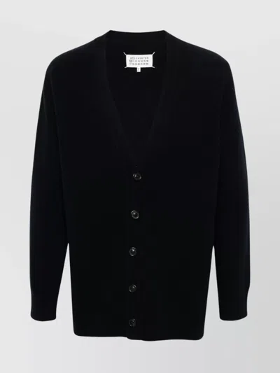 Maison Margiela Brushed Wool V-neck Cardigan With Ribbed Finish In Black
