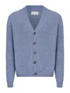 Maison Margiela Ribbed V-neck Long Sleeve Cardigan In Blue