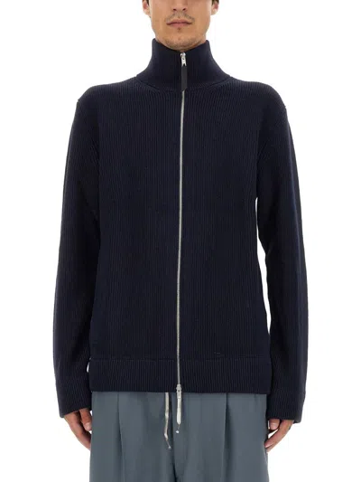 Maison Margiela Full Zip Cardigan In Wool And Cotton In Blue