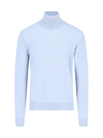 Maison Margiela Cashmere Knit Sweater With High Collar And Signature Embroidery In Blue