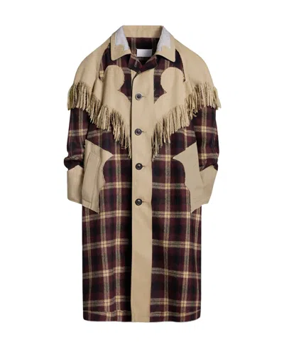 Maison Margiela Check-pattern Fringed Wool Coat In Nude