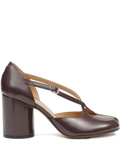 MAISON MARGIELA CHOCOLATE LEATHER TABI PUMPS WITH CRISSCROSS STRAP DETAIL