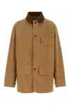Maison Margiela Corduroy Collar Waxed Cotton Canvas Coat In Brown