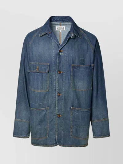 Maison Margiela Cotton Jacket With Pockets And Stitching In Blue