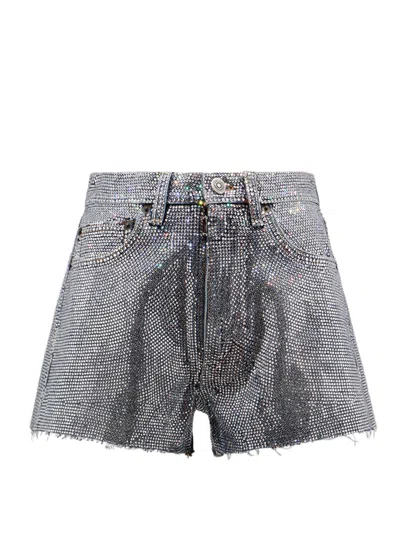 Maison Margiela Cotton Shorts With All-over Rhinestones In Silver