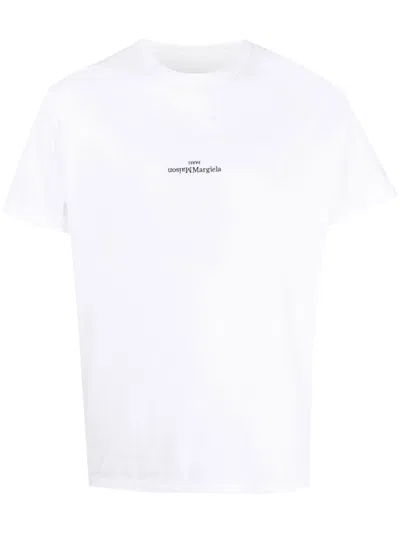Maison Margiela White Crew Neck Short-sleeve T-shirt With Subtle Logo In Gray