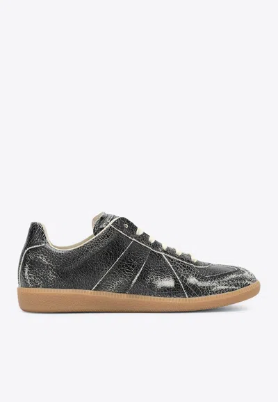 Maison Margiela Replica Distressed Cracked-leather Sneakers In Black