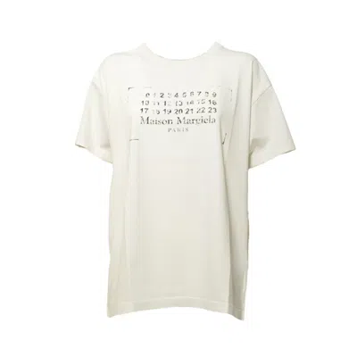 Maison Margiela Cream Cotton T-shirt With Printed Logo In Multi