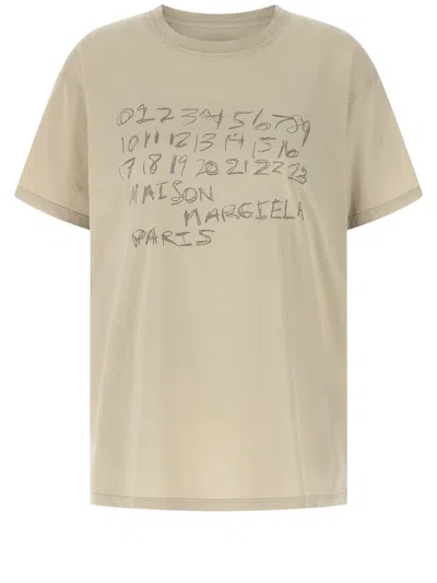 Maison Margiela Cream Cotton T-shirt With Iconic Handwritten Logo In Neutral