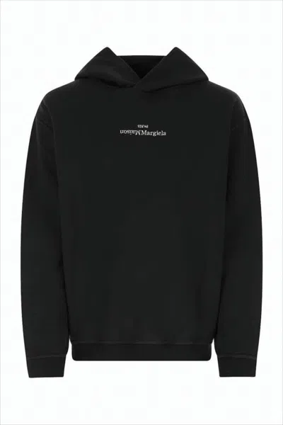 Maison Margiela Cropped Black Hoodie With Subtle Logo Detail In Blue