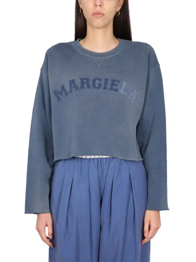 Maison Margiela Logo-patch Cropped Cotton-jersey Sweatshirt In Blue
