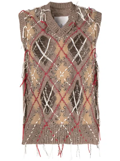 Maison Margiela Frayed-detailing Sleeveless Knitted Jumper In Brown