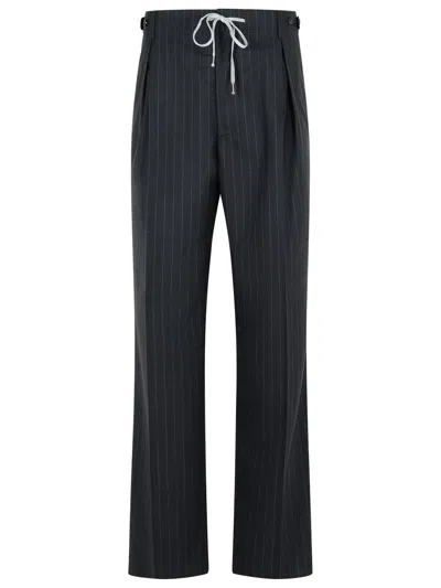 Maison Margiela Pinstripe Wool Trousers With Drawstring Waist In Blue