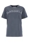 Maison Margiela Blue Crewneck T-shirt With Logo Lettering Print In Cotton Woman