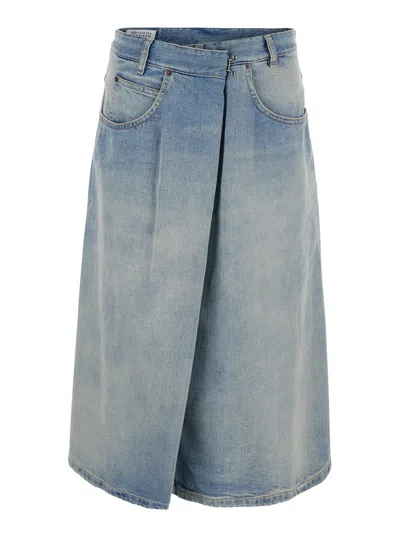 Maison Margiela Denim Midi Skirt With Single Front Slit And Faded Five-pocket Design In Blue