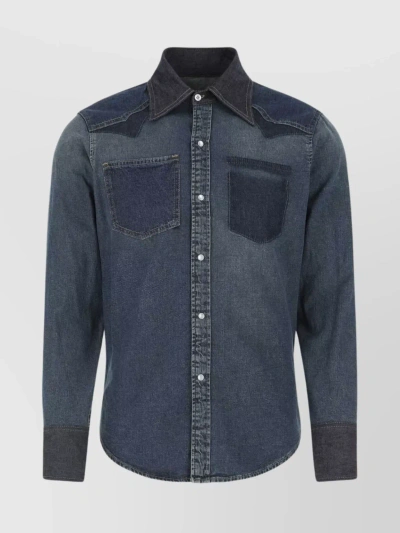 Maison Margiela Denim Shirt With Chest Pockets And Contrast Stitching In Blue