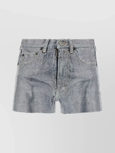 Maison Margiela Denim Shorts Adorned With Rhinestones And Belt Loops In Grey