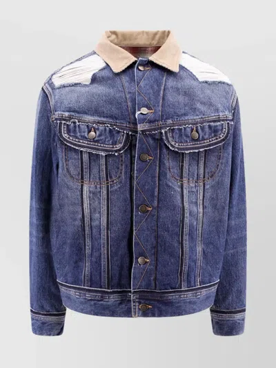 Maison Margiela Destroyed Effect Denim Jacket With Corduroy Collar In Blue