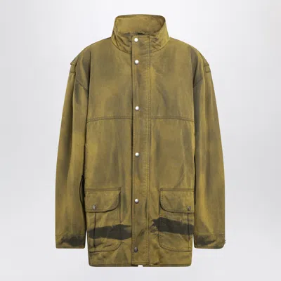 Maison Margiela Distressed Cotton Overshirt Jacket With Mandarin Collar In Green