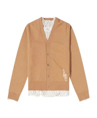 Maison Margiela Distressed-effect Fine-knit Wool Cardigan In Nude