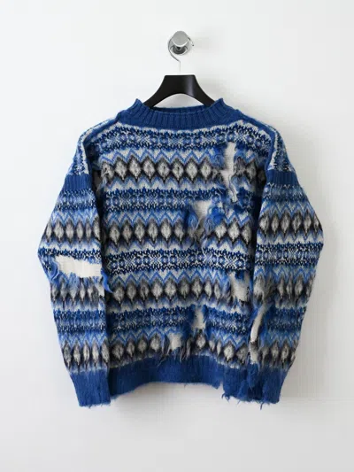 Pre-owned Maison Margiela Distressed Intarsia Fair Aisle Wool Sweater In Blue