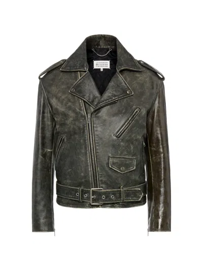 Maison Margiela Distressed Leather Biker Jacket In Black