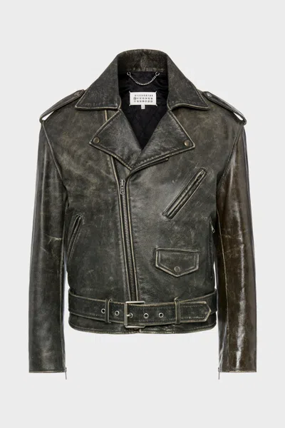 Maison Margiela Distressed Leather Biker Jacket Man Black In Green