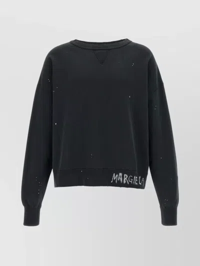 Maison Margiela Distressed Sweatshirt With Ribbed Cuffs And Hem In Blue