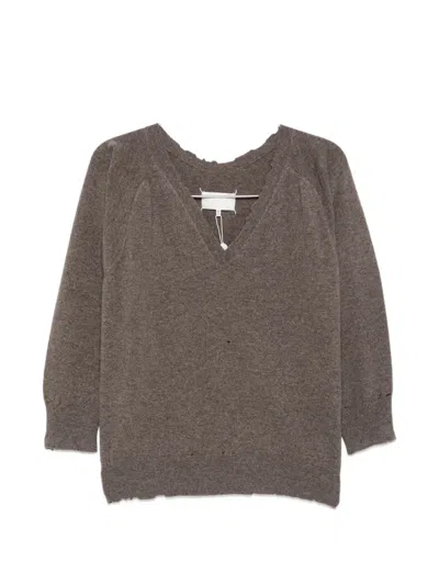 Maison Margiela Jersey Top Casual Style Long Sleeves V Neck In Brown