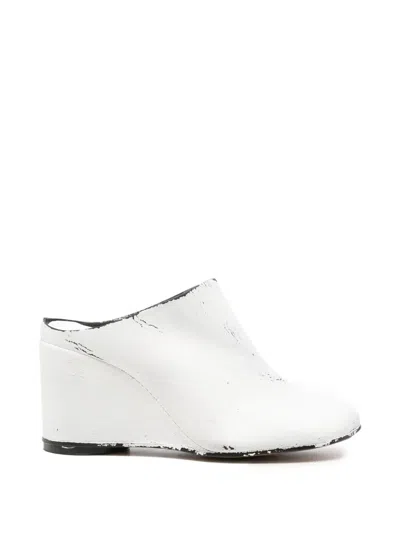 Pre-owned Maison Margiela Distressed-effect Wedge Mules In White