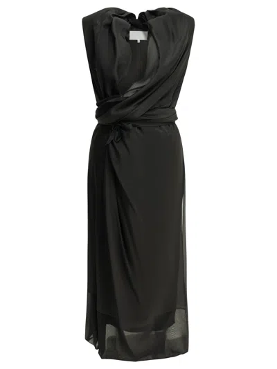 Maison Margiela Draped Black Silk Acetate Polyamide Silk Midi Dress