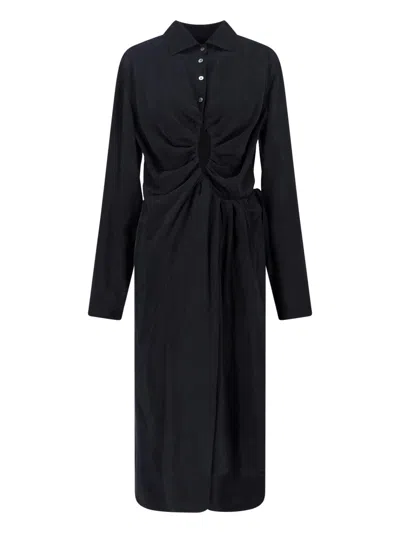 Maison Margiela Midi Dress Long Sleeves Ruched Detail In Black