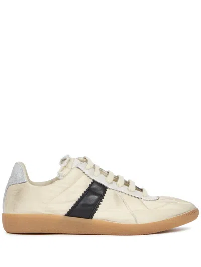 Maison Margiela Ecru And Black Distressed Lace Up Sneakers