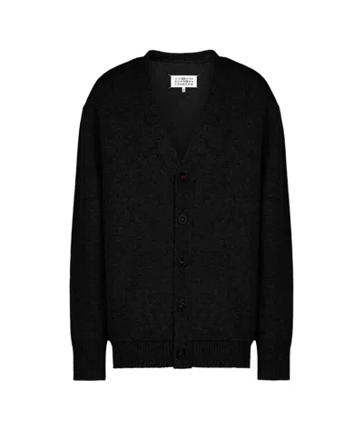 Maison Margiela Elbow Patch V-neck Knitted Cardigan In Black
